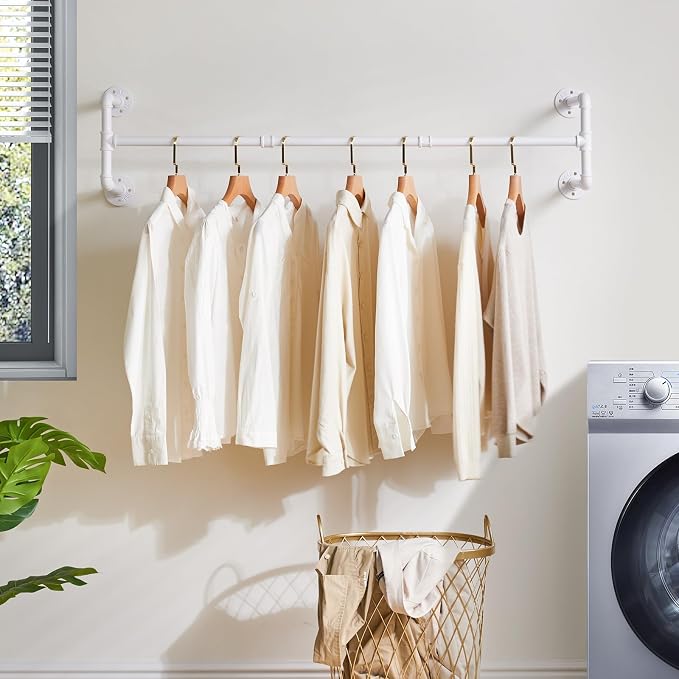 IBUYKE Industrial Pipe Clothes Rack Set of 2, 50 Inch Wall Mounted Clothing Rack, Space-Saving Hanging Closet Rod, Heavy Duty Multi-Purpose Garment Rack for Laundry Room(4 Bases), White TYJ002W-2