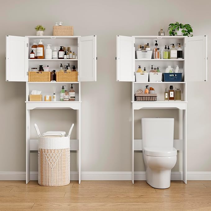 RRX Over The Toilet Storage Cabinet, Bathroom Above Organizer (Pure White) | Free Standing Toilet Rack with Adjustable Shelf and Open Storage, Double Doors, Space Saver, 24.8" L x 9.1 "W x 65.7 "H