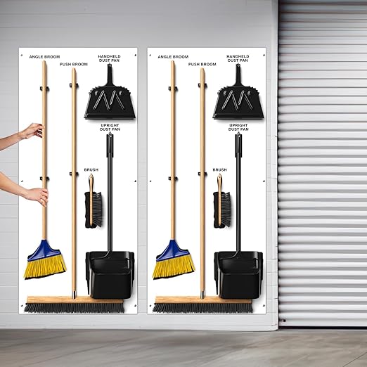 Clean & Sweep 5S Shadow Board/Wall Mount Broom Holder, 68" x 30" Board, 5S Cleaning Station - with Broom and Dustpan Set Included, Made in The USA by AccuformNMC, White/Black, PSB716WTBK