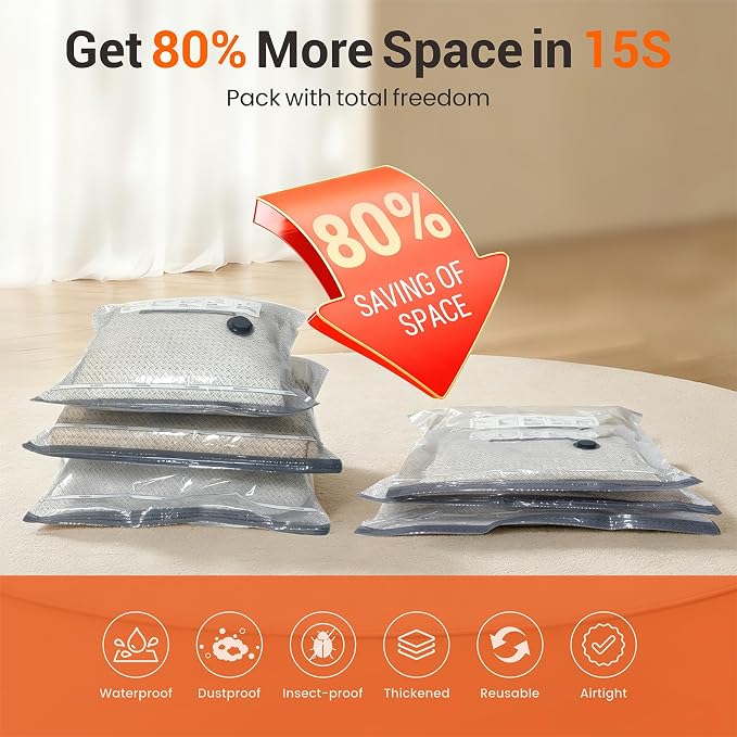 15 Pack Vacuum Storage Bags with Electric Pump for Travel Luggage Clothes | Travel compression space saver vacuum seal bags for closet storage, portable electric pump included for suitcase packing