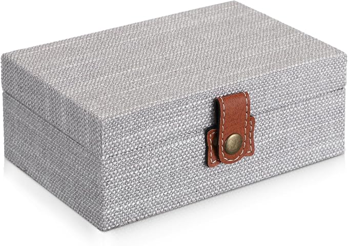 Hipiwe Jewelry Storage Box Treasure Chest Wooden Box with Linen Covered | Rectangular Keepsake Case with Clasp Lid, Dcorative Photo Storage Organizer for Men Women Christmas Gift, Gray Small