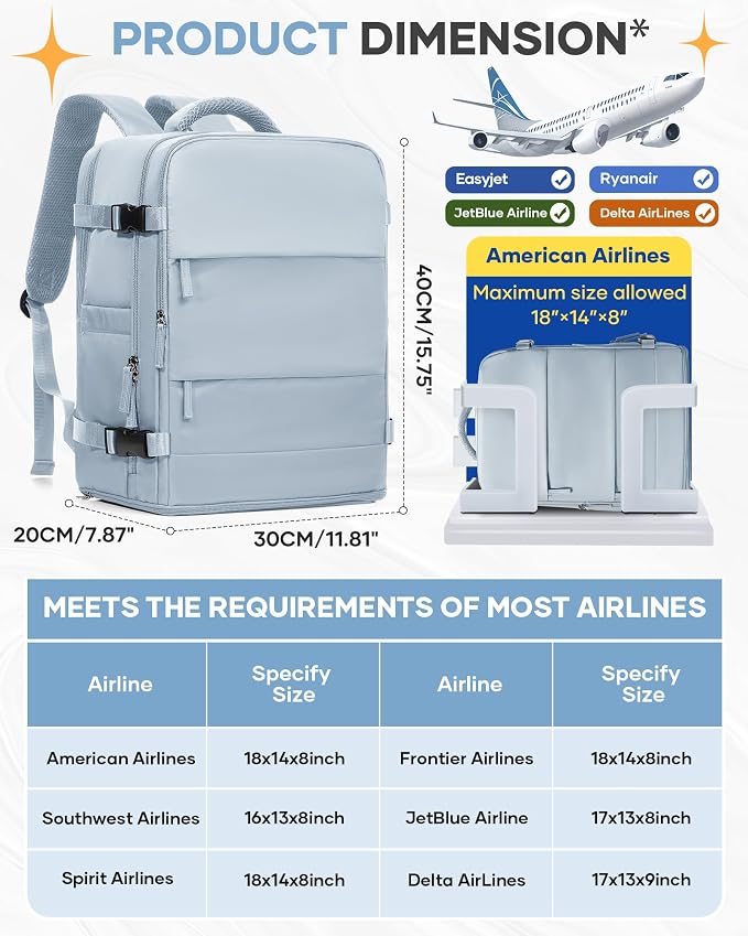 coofay Travel Backpack Carry on Flight Approved Mochila De Viaje Carry on Backpack for Airplanes Spirit Airlines Personal Item Bag 18x14x8 Inches Travel Bag Traveling Backpack for Women Men Grey Blue