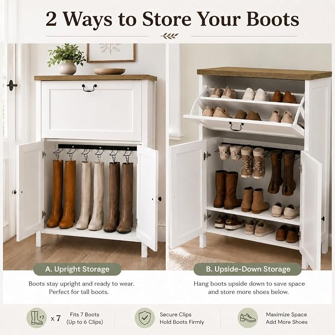 RASOO Shoe Cabinet for Entryway with Flip Drawer Boot Storage Adjustable Shelves, 6 Clips & 7 Rack