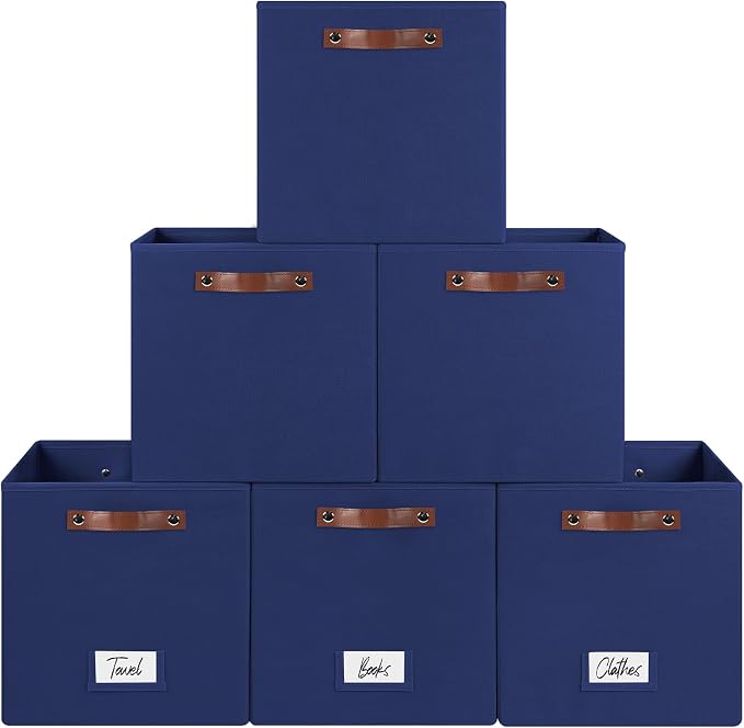 FinishingBo 13 inch Storage Bins with Labels 6 Pack | PU Leather Handles, Foldable Storage Cubes, Storage Baskets, Closet Storage, Blue