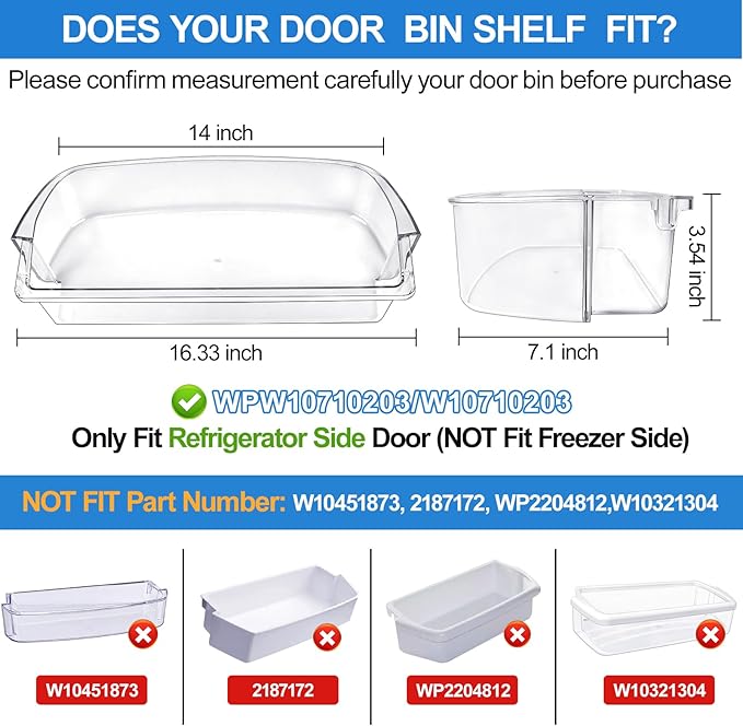 [2 PACK]UPGRADED WPW10710203 Refrigerator Door Bin Compatible With Kenmore Whirlpool Refrigerator Door Shelf W10710203 W10451871 Whirlpool Fridge Door Shelf WRS571CIHZ01 WRS588FIHZ00 WRS571CIDM01Shelf