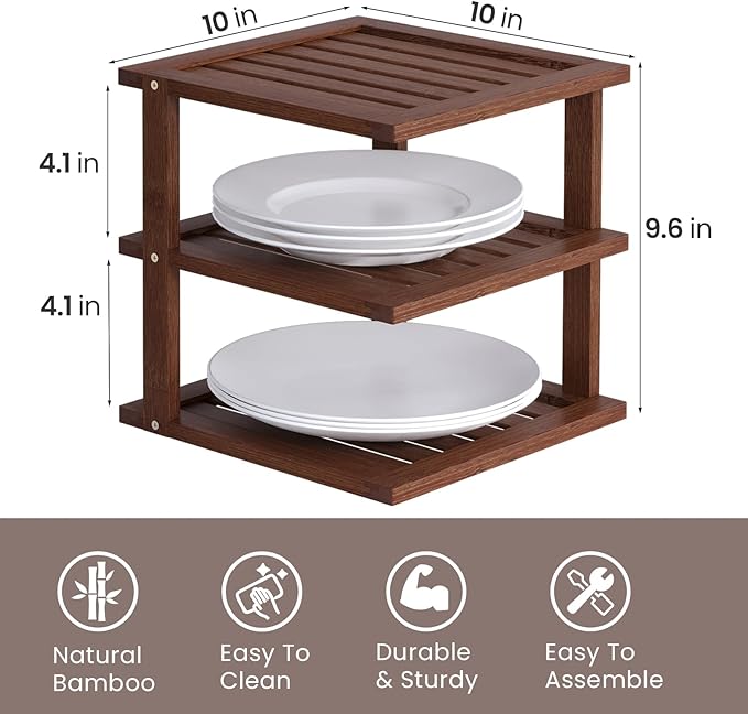 2 Pack Bamboo Corner Shelf,3 Tier Kitchen Cabinet Organizer for Plates and Dishes,Pantry Storage and Spice Rack（Brown）
