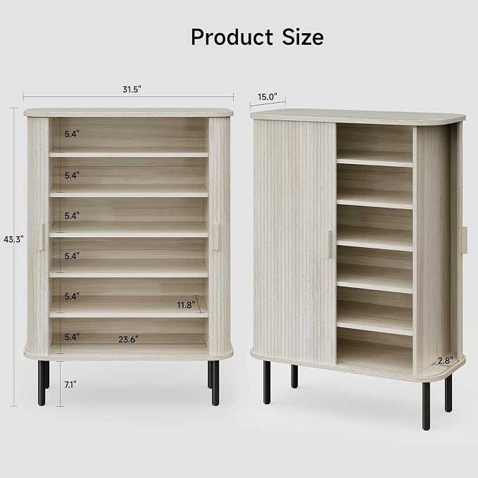 ONBRILL 6-Tier Shoe Cabinet with Sliding Door, Wooden Shoe Storage Cabinet with Adjustable Shelves, Mid-Century Modern Freestanding Shoe Storage Organizer for Entryway, Living Room, Hallway