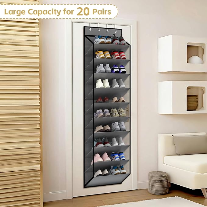 KEEPJOY 10 Tiers Mesh Over Door Shoe Organizer Storage, Hanging Shoe Holder for Door with Large Deep Pockets, Holds 20-30 Pairs of Shoes, Ideal for Sneakers & Boots(Grey)