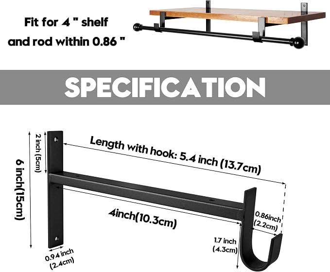 AddGrace Closet Rod Bracket Heavy Duty Shelf Brackets Black 4 Inch 2 Pack | Fit for Closet Wardrobe Laundry Room and Kitchen, with Hook, Store Above and Hang Below, Supports 66 lbs, Easy to Install