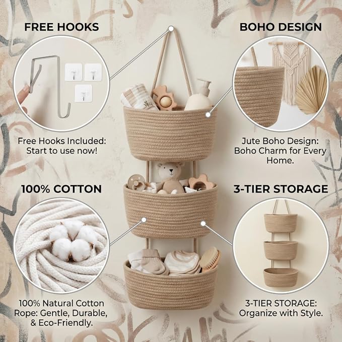 Hanging Wall Basket, Over the Door Hanging Basket with Hooks, Cotton Back of Door Organizer for Living Room, Bedroom, Boho Wall Decor, Toy Storage, Jute