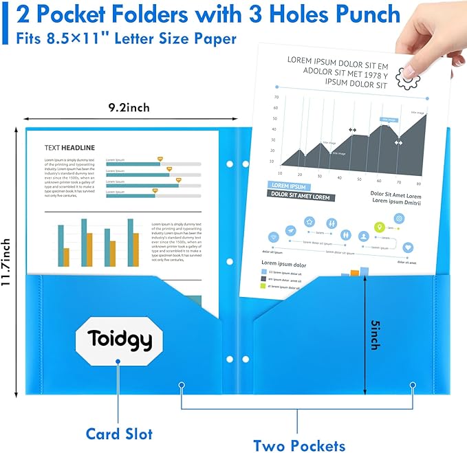 18 Pack 2 Pocket Folders with 3 Holes Punch, Plastic Folder for 3 Ring Binder, Heavy Duty Folder Bulk for Letter Size Paper, Assorted Colors Folder for School and Office Supplies