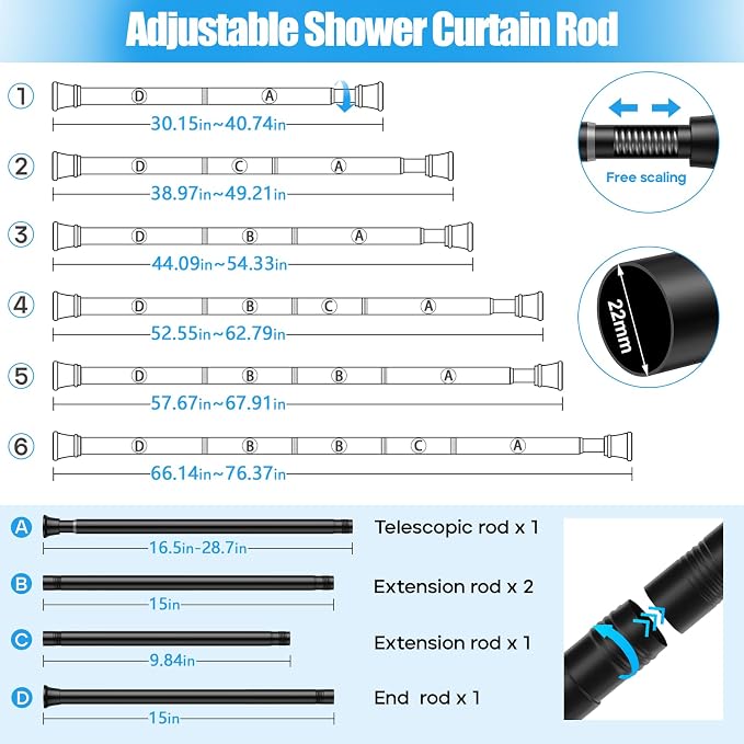 1pack Shower Curtain Rod 30-76 inch Black Tension Rod Shower rod Non Slip Adjustable Curtain Rods No Drilling Tension Curtain Rod Shower Rods for Bathroom Windows Closet