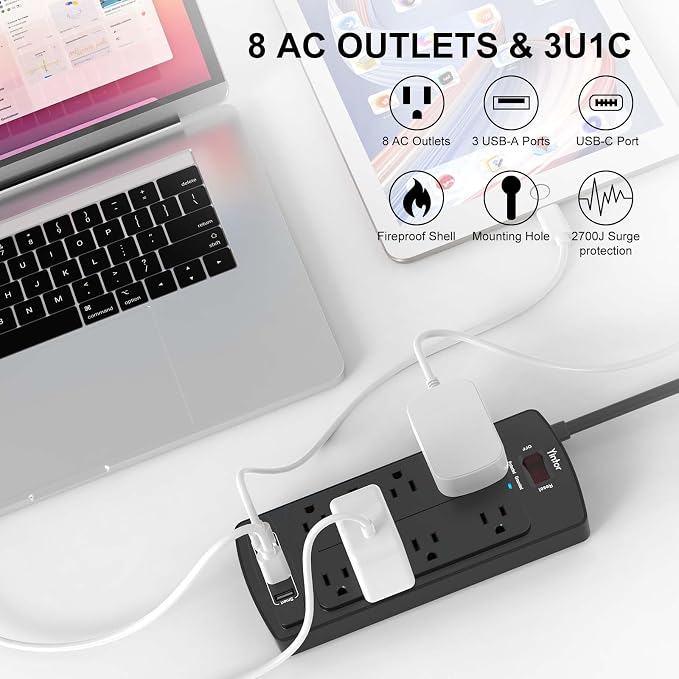 Surge Protector Power Strip, Yintar 10 Feet Flat Plug Extension Cord with 8 AC Outlets and 4 USB Ports, 2700 Joules, ETL Listed, Black