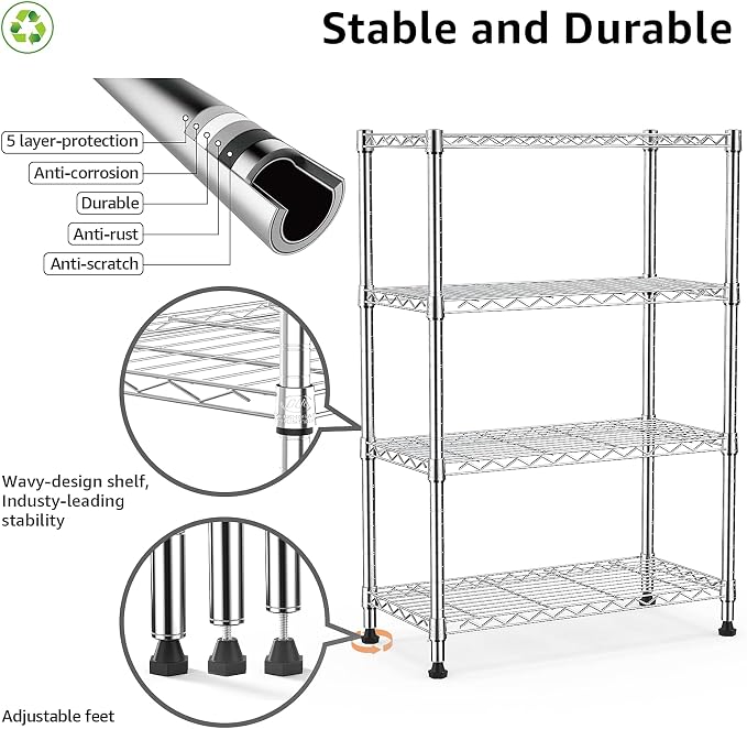 M MZG 1000 lbs Storage Shelving 4-Tier Utility Shelving Unit Steel Organizer Wire Rack for Home,Kitchen,Office,Chrome (13.7" D x 23.6" W x 53.4" H)