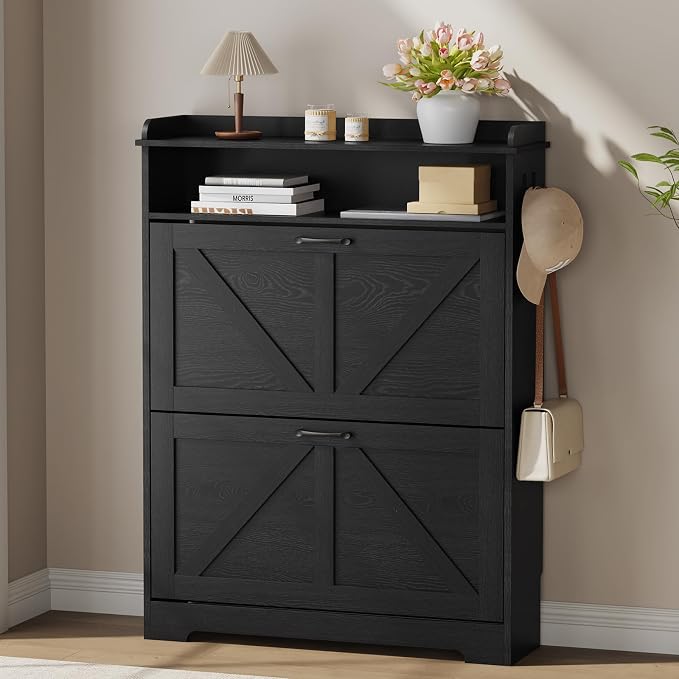 Shoe Cabinet with 2 Flip Drawers, Farmhouse Narrow Shoe Cabinet Organizer with 2 Adjustable Shelves & 2 Hooks, Shoe Rack for Entryway, Foyer, Hallway, Black, 31.5" W x 8.7" D x 41.7" H