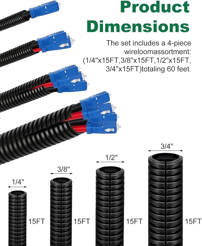 MUZIK 4 Packs Split Wire Loom, 60FT Flame Retardant PP for Cable Management | Heat & Abrasion Resistant, Flexible Split Design, Durable Cable Protection, Automotive & Home Use, Long Lasting Protection