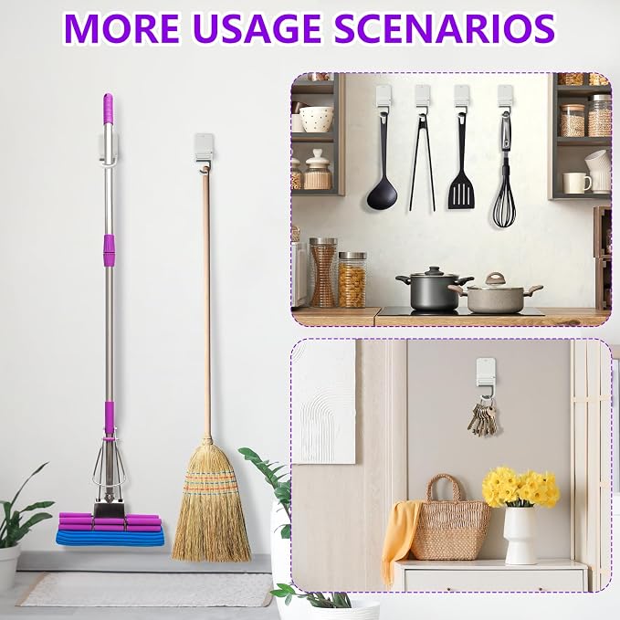 Broom and Mop Holder Wall Mount, Heavy Duty Screw Drilling Gripper Rack Supports up to 10 lb for Kitchen, Laundry Room, Garage, and Garden Storag (8, White)