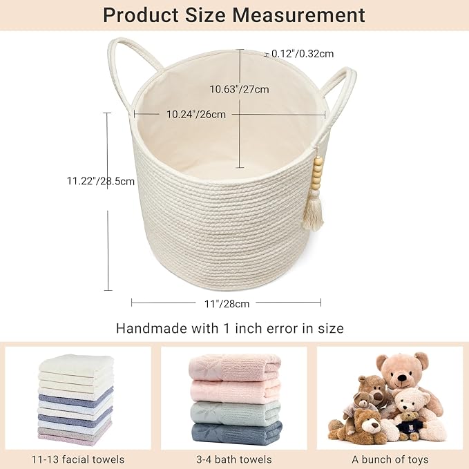 Mkono Woven Storage Basket with Handles Decorative Cotton Rope Basket Wooden Bead Decoration for Blankets,Toys,Clothes,Living Room Home Decor, 11", White