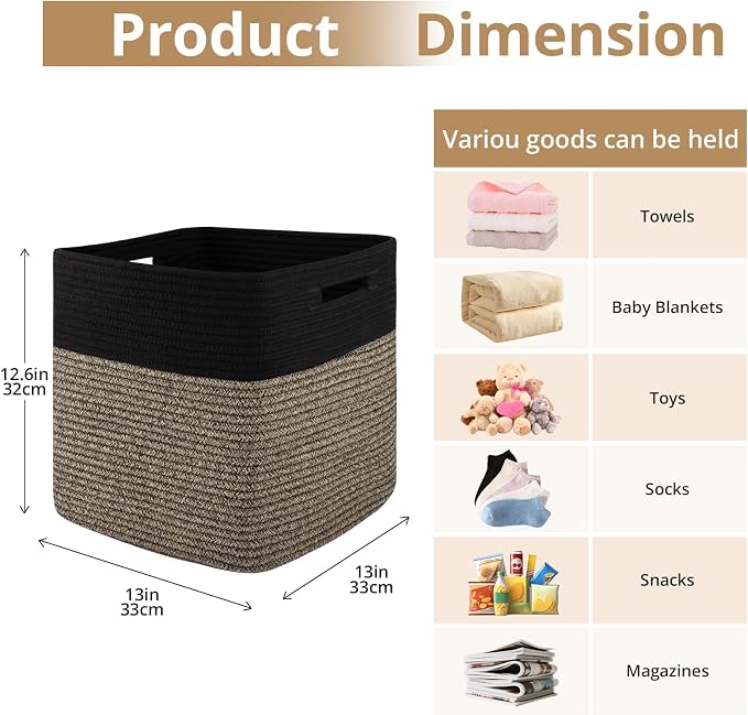 OIAHOMY 13 Inch Cube Storage Bins, 3-Pack Cotton Rope Woven Baskets for Organizing, Insert Storage Baskets for Shelves, Baby Nursery, Closet Organizer, 13 * 13 * 12.6IN, Black & Mixed Brown