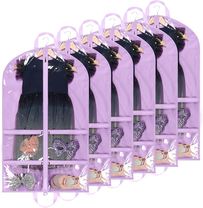 KEEGH 40 inch Clear Garment Bags for Dance Costumes, 6 Pack, Purple | 4 Zipper Pockets, for Dance Competitions, Ballet, Theatre, Dance Garment Bags for Dancers, Hanging Clothes for Closet Storage