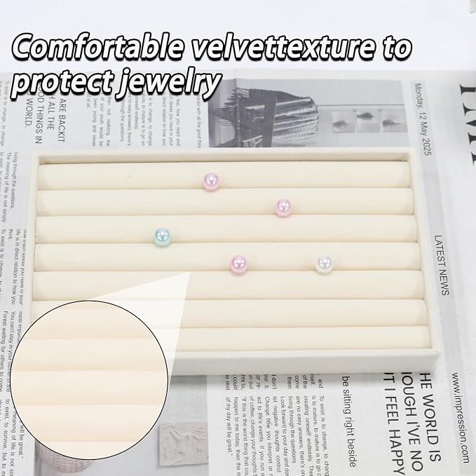 Velvet Jewelry Organizer Trays Beige Stackable Jewelry Storage Display Tray, 8 Rolls