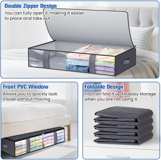 TasticTotes Under Bed Storage Containers, 4 Pack Blanket Storage Bags, Collapsible Storage Bags with Big Zippers, Clear Front, Shoe Storage and Organization for Clothes, Comforter, 75L, Grey