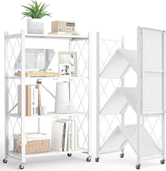 Fenbeli Foldable Shelves with Wheels - 4 Tier Folding Shelf, Collapsible No Assembly Metal Shelving Unit, Origami Storage Shelves & Rolling Storage Rack with 8 Hooks for Kitchen Pantry Garage