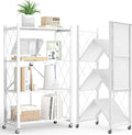 Fenbeli Foldable Shelves with Wheels - 4 Tier Folding Shelf, Collapsible No Assembly Metal Shelving Unit, Origami Storage Shelves & Rolling Storage Rack with 8 Hooks for Kitchen Pantry Garage