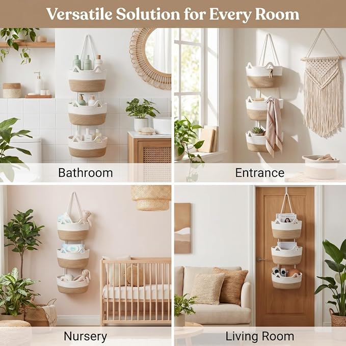 Hanging Basket, Woven 3 Tier Over Door Basket with 4 Hooks | Hanging Storage Basket for Door, Wall, Nursery, Bathroom, Bedroom, Decorative Over Door Basket with Cute Cat-Like Style