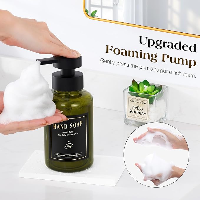 Luxspire Foaming Soap Dispenser, Glass Foam Pump Soap Dispenser, Non-Slip Hand Soap Container with 5 Waterproof Labels, 15 Oz Refillable Liquid Soap Holder for Bathroom & Kitchen, Olive Green, 2 Pack
