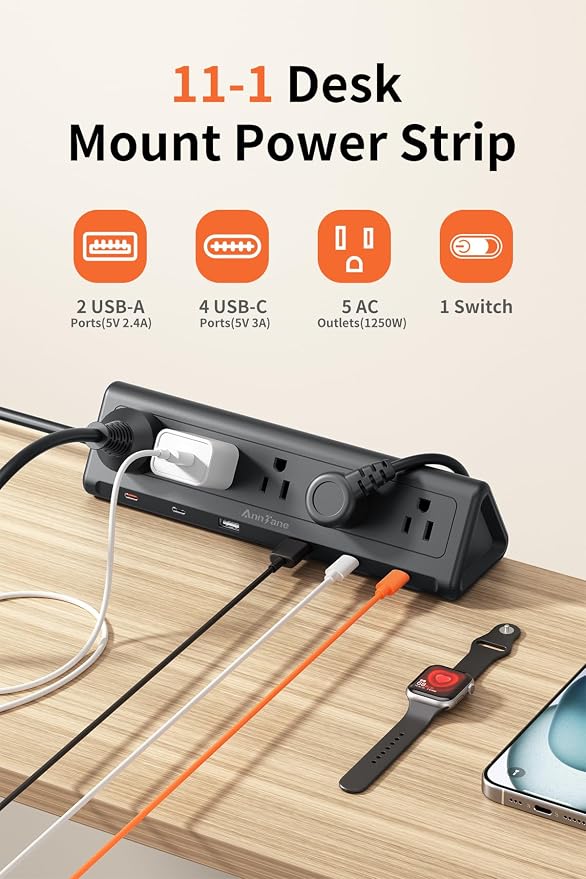 10 FT Desk Clamp Power Strip with 5 AC Outlets & 6 USB Ports PD 40W USB-C Fast Charging, Extension Cord with Multiple Outlets, Fits 2.1 in top Edge Black