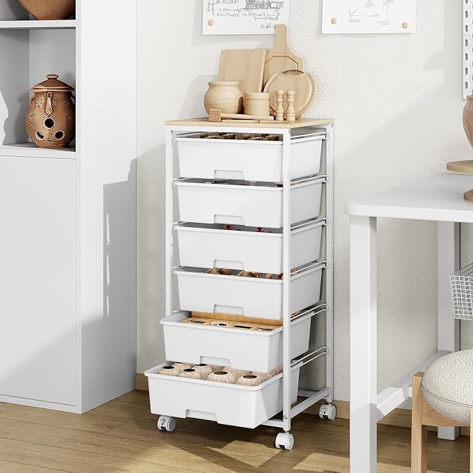 6 Drawer Rolling Storage Cart with Wooden Top and Wheels for Crafts,White | Easy Setup, Large Capacity, Sturdy Build, Lockable Mobility, For office, classroom and art studio supplies