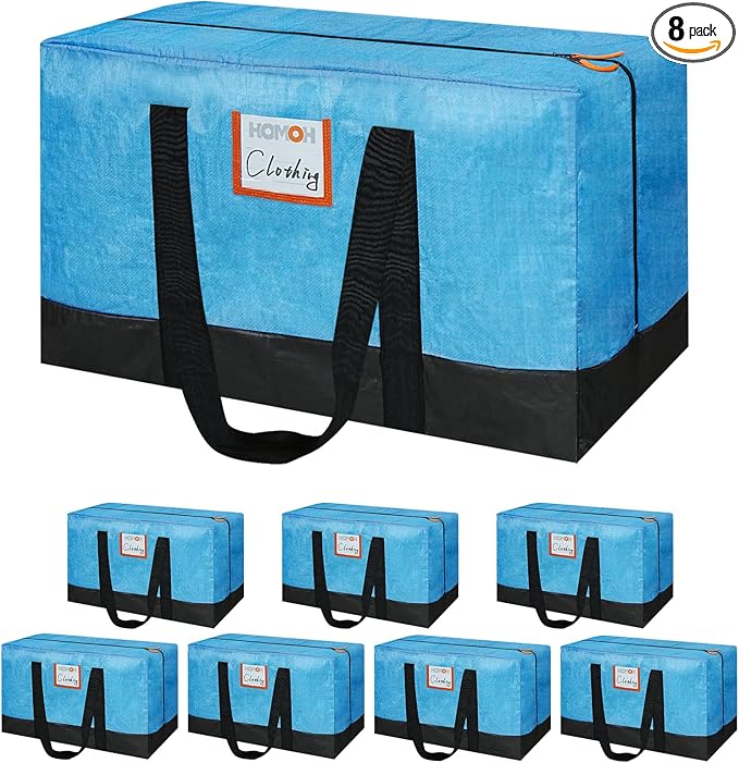 8 Pack Moving Bags, 115lb Capacity Heavy Duty Packing Bags with Internal Compression Straps, Storage Bag with Zippers and Strong Handles, Alternative to Moving Boxes -103L,Blue and Black