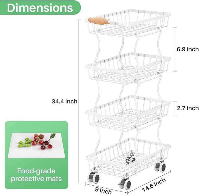 SAYZH Fruit Basket Kitchen Pantry Organizers and Storage - 4 Tier Stackable Metal Wire Basket Stand for Fruit Vegetable Snacks Jars Bins Containers Organization, (White, 4 Tiers)