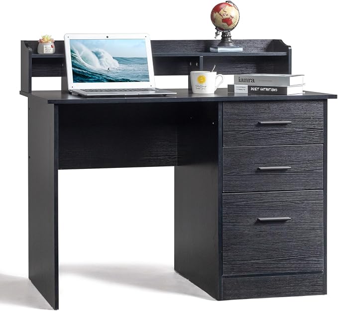 Karl home Black Computer Desk with Drawers ＆ Desktop Hutch, Modern Work Study Gaming Writing Home Office Desks with Storage for Kids, Small Wood Table for Bedroom, PC Laptop Workstation