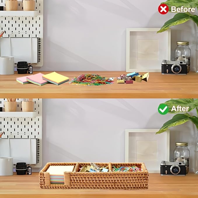 3 x 3 Inch Sticky Note Holder,Rattan Post It Note Dispenser,3 Slot Sticky Note Dispenser,Wicker Post It Holder for Home Office Desk Decor,Honey Brown