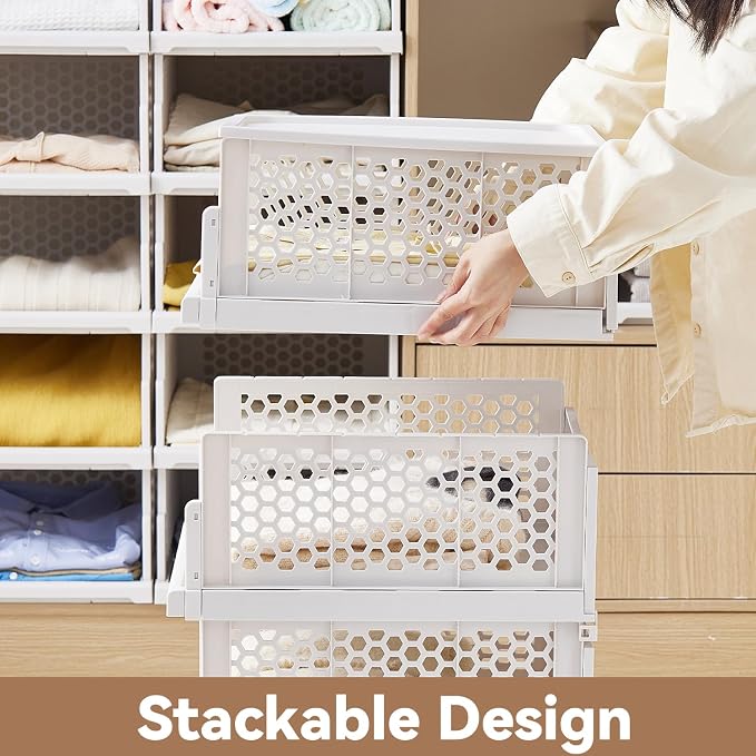 Pull-out Plastic Storage Basket with a Lid,Stackable Closet Organizers Drawer Anti-Tipping,Stable Shelf Container for Bathroom Laundry Room Storage, Space-Saving Clothes Storage ,White Gray,2 pack