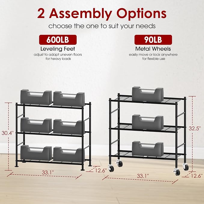 Sakugi Storage Shelves Organizer - 3 Tier Metal Shelf Organizer with Metal Wheels and Adjustable Leveling Feet, Heavy Duty Garage Shelving for Kitchen, Pantry and Closet, 33.1"x12.6"x32.5", Black