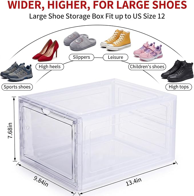 Large Clear Shoe Storage Boxes Stackable, 12 Pack Hard Plastic Shoe Storage Organizer with Magnetic Door, Shoe Container Sneaker Storage Display Case Fit up to US Size 12 Clear