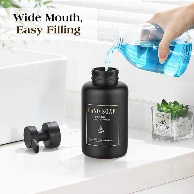 Luxspire Foaming Soap Dispenser, Glass Foam Pump Soap Dispenser, Non-Slip Hand Soap Bottle with 5 Waterproof Labels, 15 Oz Refillable Liquid Soap Bottle for Bathroom & Kitchen, Black, 1 Pack