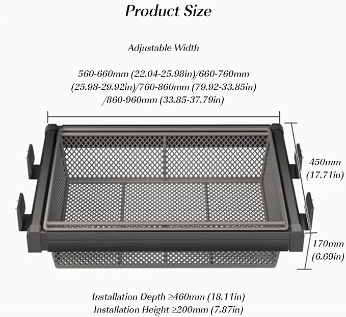 Expandable Cabinet Pull Out Basket,Aluminum Alloy Stackable Storage Bins,Height 6.69in Stackable Shelf Baskets Organizer,for Office Bathroom Bedroom(Gray,25.98-29.92in)