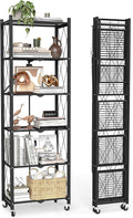 6 Tier Foldable Storage Shelves with Wheels -No Assembly Metal Folding Shelves Collapsible Shelving Unit Display Heavy Duty Rolling Shelf for Home Kitchen Office Room (Black, 73" x 14" x 23")