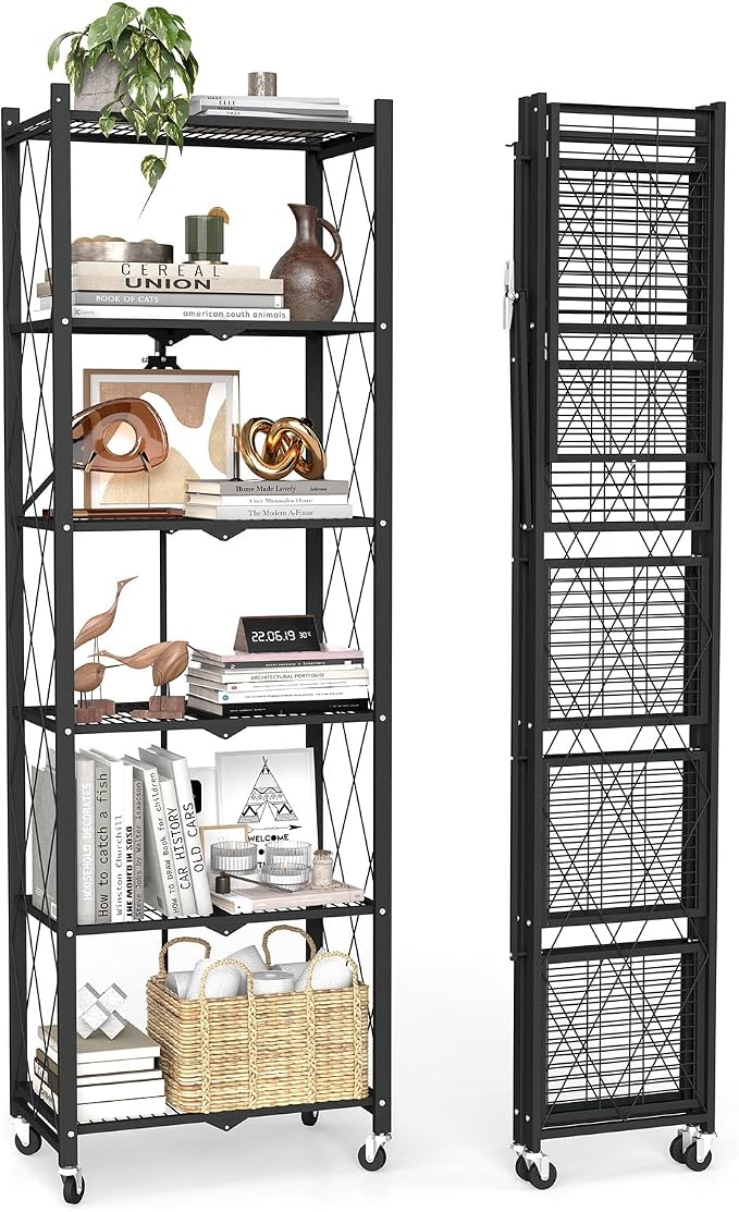 6 Tier Foldable Storage Shelves with Wheels -No Assembly Metal Folding Shelves Collapsible Shelving Unit Display Heavy Duty Rolling Shelf for Home Kitchen Office Room (Black, 73" x 14" x 23")