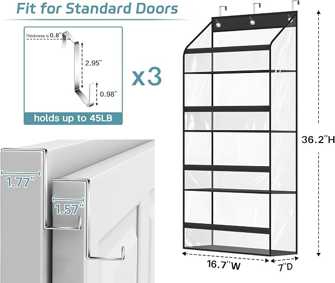 AOODA Clear Over the Door Hat Racks for Baseball Caps, Hold 48 Caps Hat Storage Organizer for Closet Wall, Deep Pockets Hanging Snapback Holder Shelves with 3 Hooks, Black