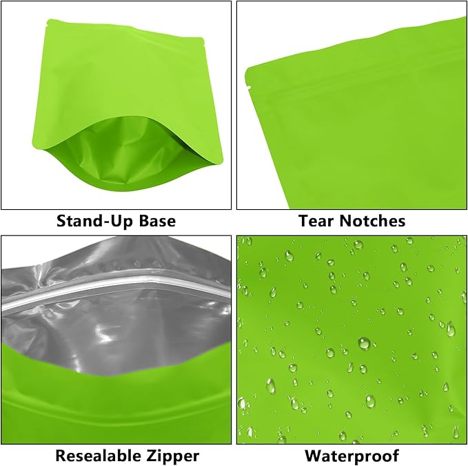 100PCS Smell Proof Resealable Pouch Bags,ULIFESTAR Aluminum Foil Flat Food Storage Bag,Sealable Pcsaging Zipper Pouches with Tear Notches for Pcsaging Lipgloss,Jewelry,etc(14*20cm/5.51*7.87",Green)
