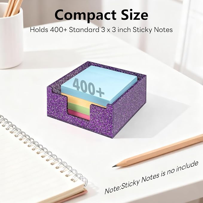 Acrylic Sticky Note Holder 4x4in Tray for Desk, Purple Glitter | Sparkling glitter acrylic tray, fits 3x3 sticky notes, compact organizer for office school and home