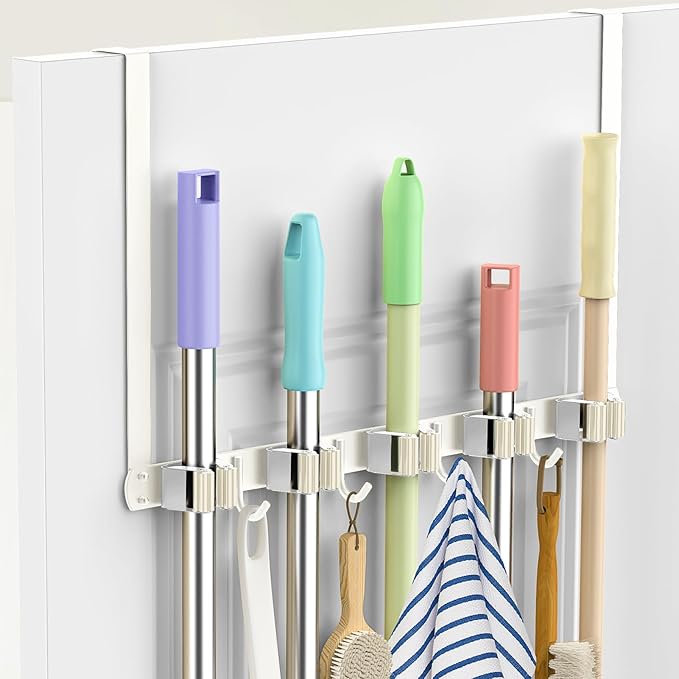Broom Holder Over The Door with 4 Over Door Hook, Drilling Free Mop - White | Save Space, Metal Mop and Broom Storage Wall Mount Broom Storage Tool Organizer for Laundry Room Garage Kitchen Bathroom