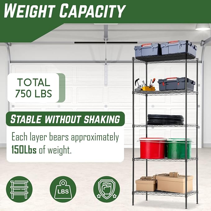 PayLessHere 5-Tier Adjustable Wire Shelf 12" W x 17" D x 48" H Max Load 750 lbs, Easy Assembly, Versatile Storage Solution, Durable and Stable for Home and Office,Black