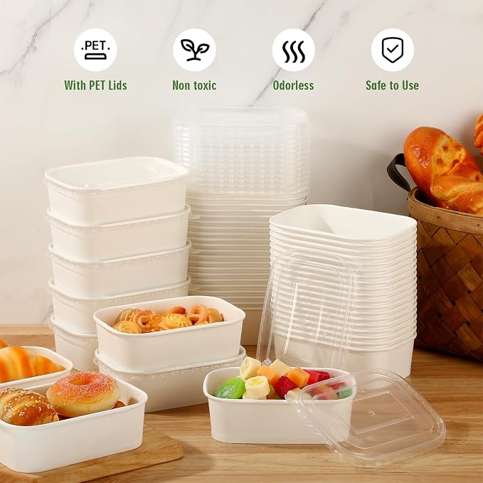 Maxdot 50 Pack 22 oz Disposable Food Containers with Lids Paper Food Containers Bowls for Meal Prep, Salad, Ice Cream, Yogurt, Soup Bowls Party Leftover Box