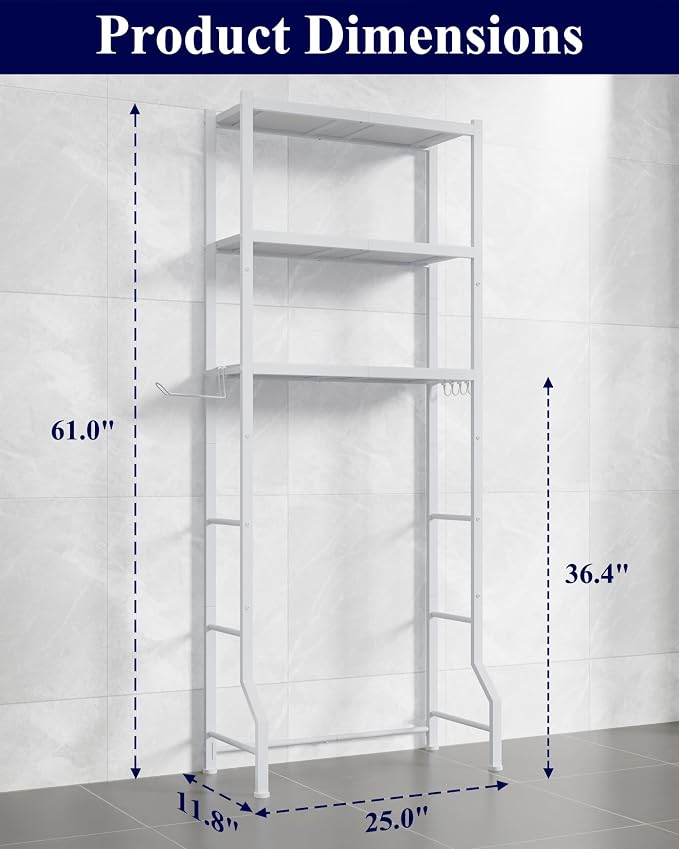 Kitsure Over The Toilet Storage Rack, 3-Tier Metal Frame | Small Bathroom, Space Saving Storage, Heavy Duty Metal Frame, Easy Assembly, White, 61"H